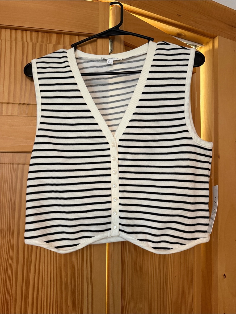 Kirious Black and White Striped Button-Front Crop Tank Veat